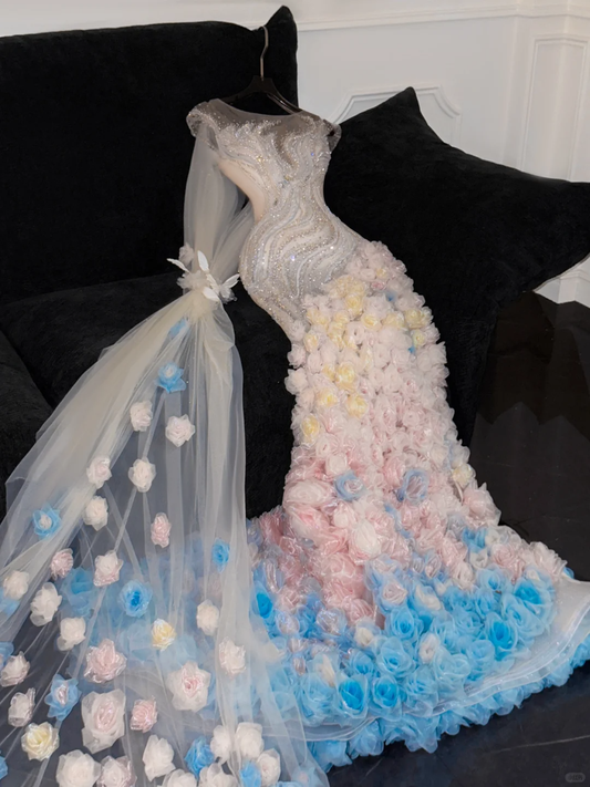 Gorgeous Sparkling Beaded Sequin Mermaid 3D Flowers Design Tulle Evening Dress Prom Dresses DP6163