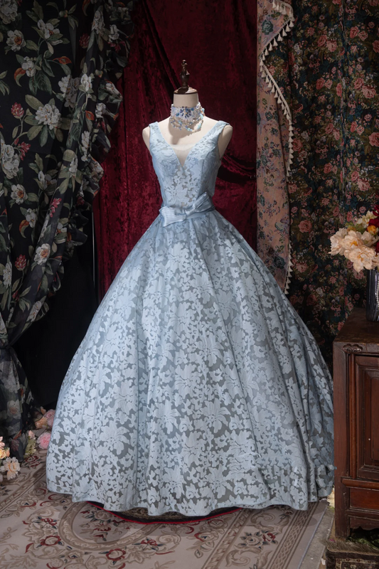 Elegant Blue Floral Lace Sleeveless V-Neck Ball Gown DP8351