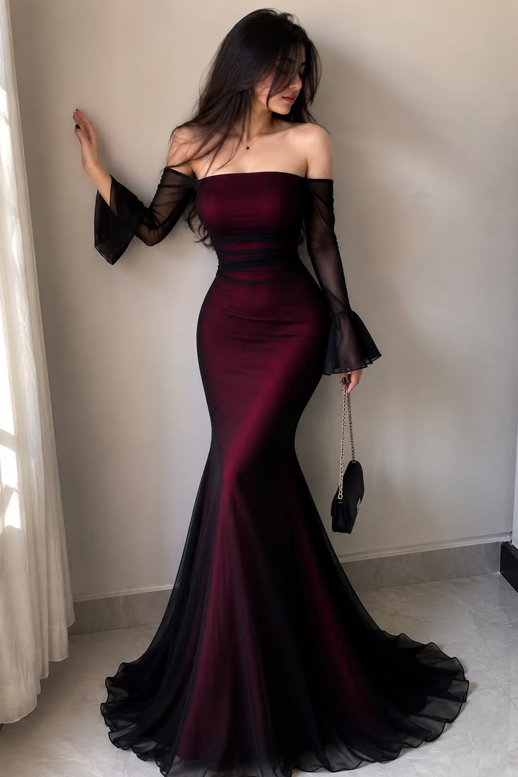 Elegant Burgundy Off-the-Shoulder Flare Mesh Long Sleeve Mermaid Ruched Tulle Prom Dress DP8784