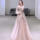 Pink Long Sleeves A-Line Elegant Long Formal Prom Dress Evening Gown, DP4225