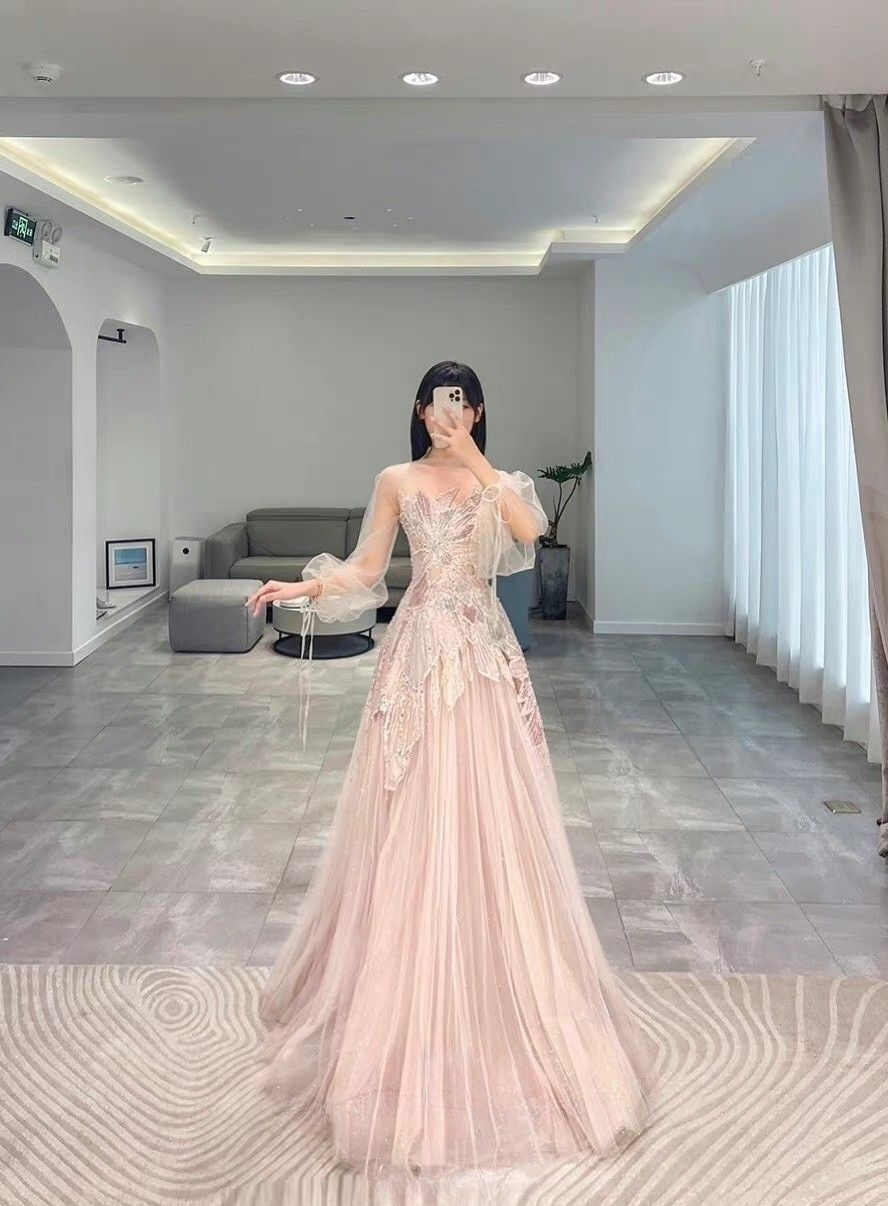 Pink Long Sleeves A-Line Elegant Long Formal Prom Dress Evening Gown, DP4225