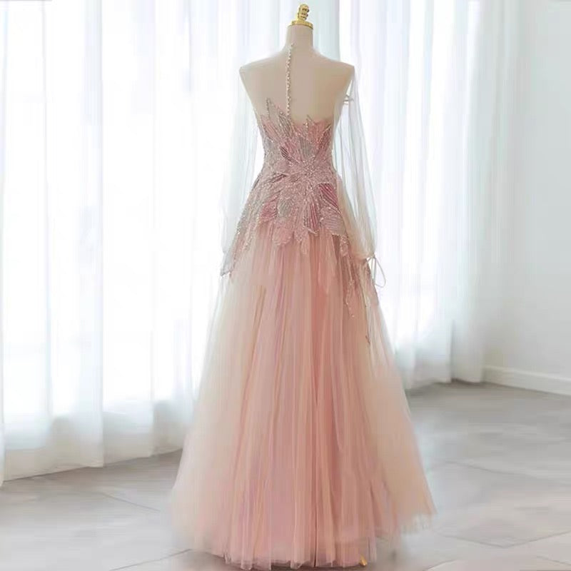 Pink Long Sleeves A-Line Elegant Long Formal Prom Dress Evening Gown, DP4225