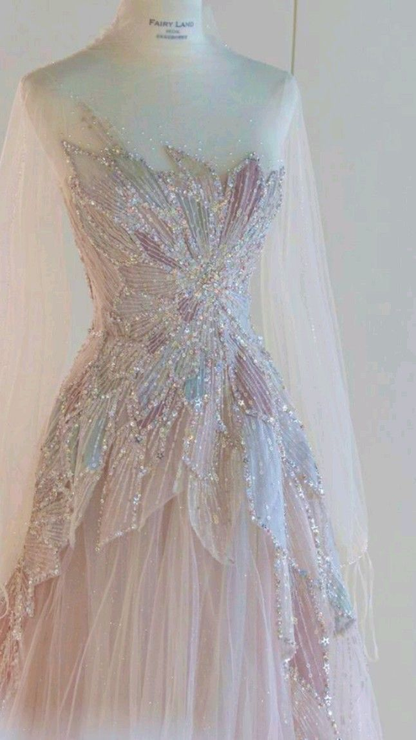 Pink Long Sleeves A-Line Elegant Long Formal Prom Dress Evening Gown, DP4225