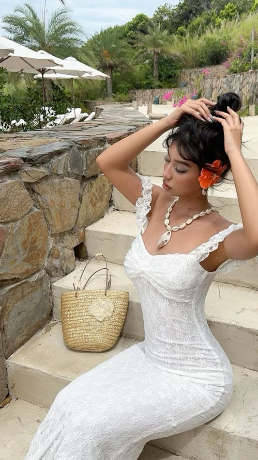 White Spaghetti Straps Mermaid Lace Long Party Dresses Birthday Outfits, DP5684