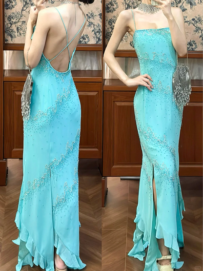 Glamorous Open-Back Aqua Mermaid Beaded Prom Dress DP7941