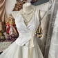 Vintage White Two-Piece V-Neck Evening Gown Sleeveless Wrap Top & Chiffon Skirt Prom Dress DP8329