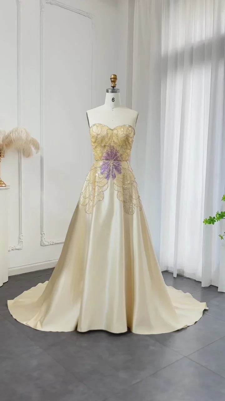 Elegant Ivory Beaded Prom Dress A-Line Beaded Evening Gown Satin Party Dress Long Formal Dress DP6739