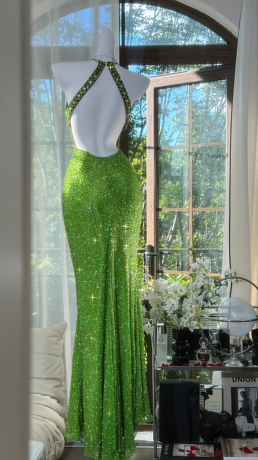 Glänzend grünes Pailletten V-Ausschnitt Spaghettiträger Design Chiffon Ballkleid Abendkleid DP6241