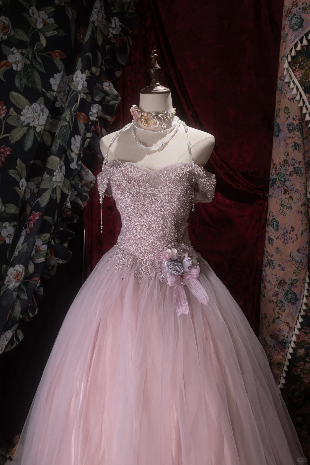Pink Off-the-Shoulder Beaded Tulle Prom Dress Floral Quinceanera Ball Gown DP8349