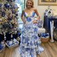 Blue Floral Printed Straps A-Line Layers Long Formal Party Dress, DP3770