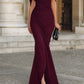 Elegant Burgundy Halter-Neck Mermaid Ruched High Slit Prom Dress DP8495