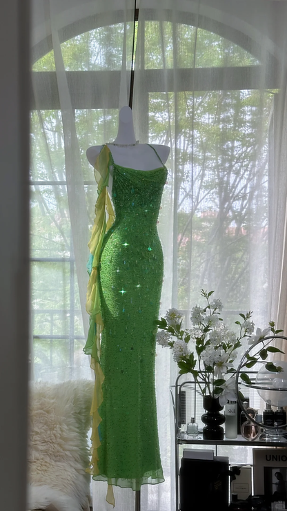 Vintage Shiny Sequin Green Spaghetti Strap Design A-line Romantic Chiffon Evening Dress Prom Dress DP6026