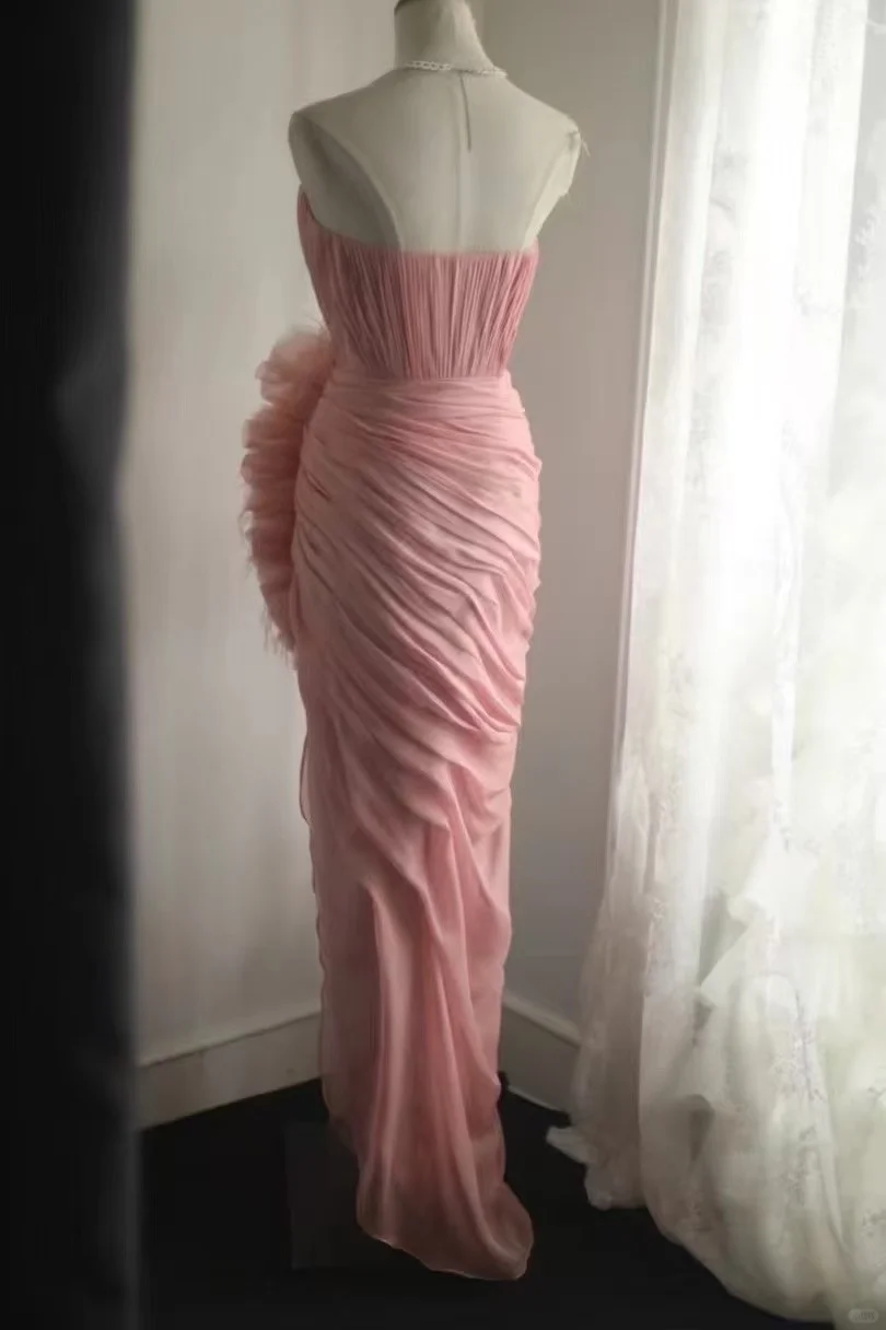 Glamorous Pink Strapless Sweetheart Ruched Ruffled Prom Dress DP7660