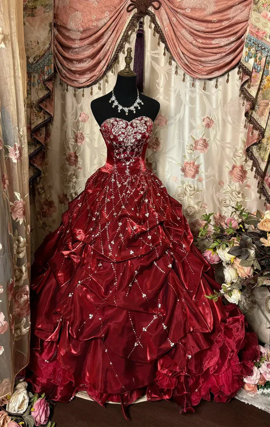 Vintage Burgundy Sweetheart Satin Strapless Beading Sweet 16 Quinceanera A-Line Evening Dress Ball Gown DP6278