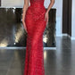 Vintage Burgundy Glittering Sequin Prom Dress Strapless Sheath Evening Dress Slit Party Dress Long Formal Dress DP6862