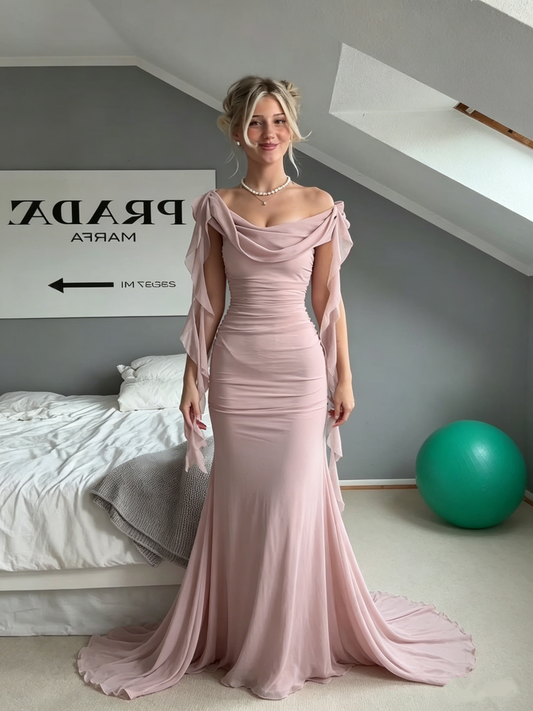 Elegant Pink Off-the-Shoulder Chiffon Mermaid Floor-Length Prom Dress DP8485