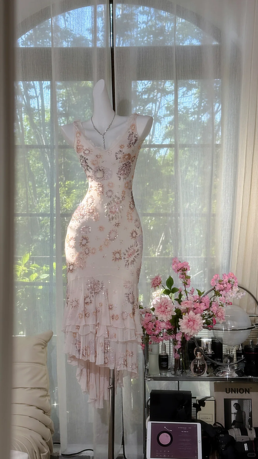 Vintage Chiffon Glänzende Pailletten Blumen Meerjungfrau Ballkleid Abendkleid DP6360