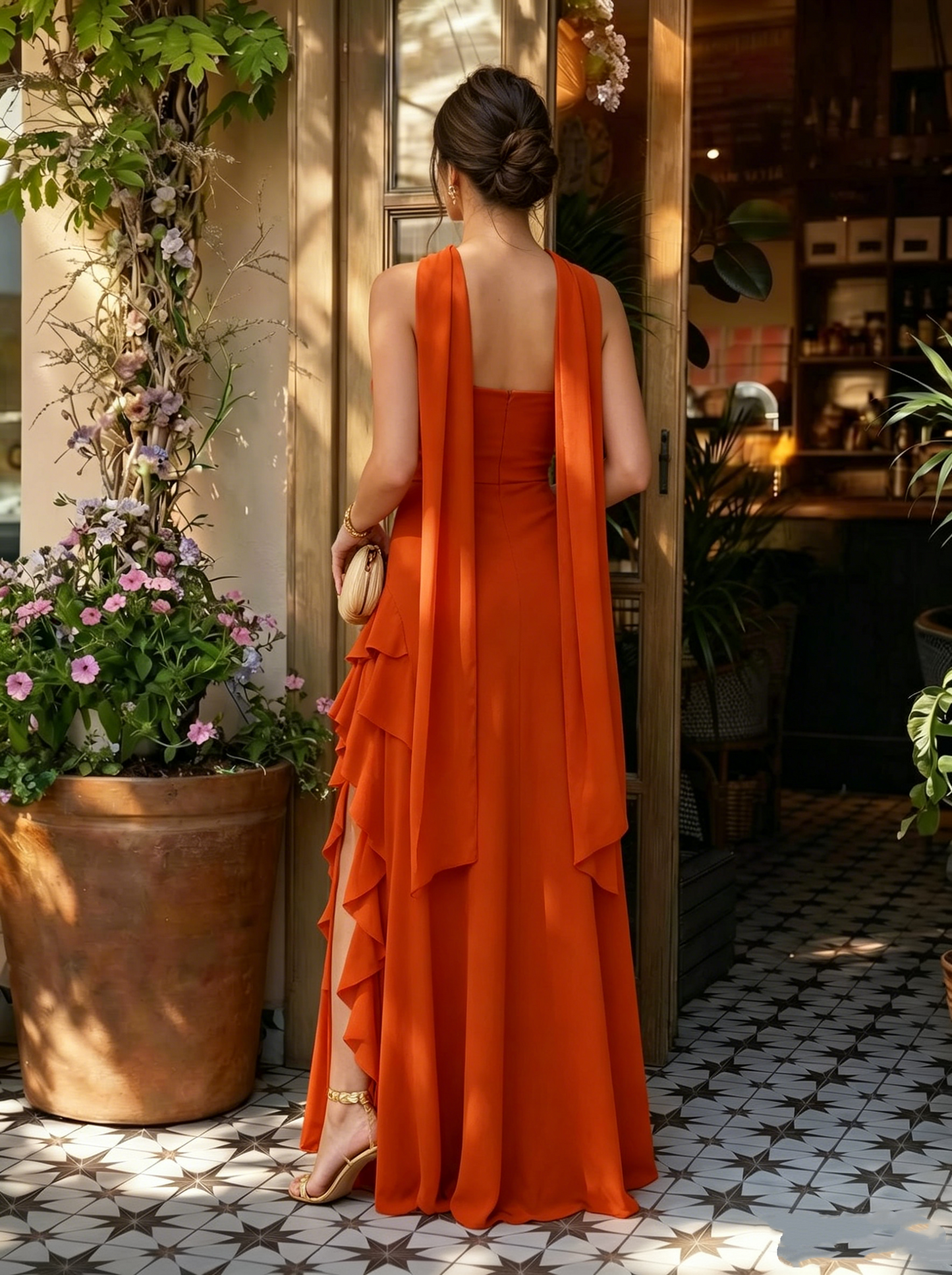 Elegant Strapless Ruffled Slit Sheath Shoulder Sash Prom Dress DP8452