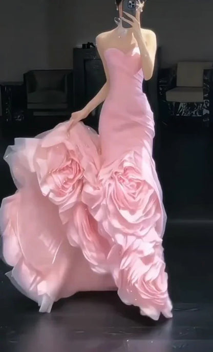 Elegant Pink Strapless 3D Floral Sweetheart Mermaid Evening Gown DP7246