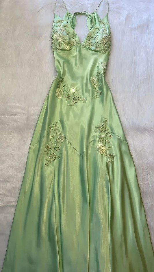 Sage Green Vintage V Neck Beading Long Party Dress,DP1837