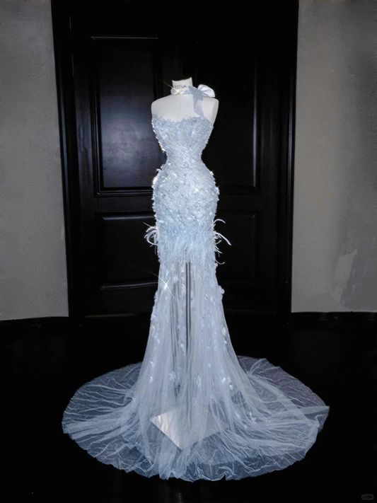 Light Blue Strapless Mermaid Beading Long Evening Dress Birthday Outfits, DP5089