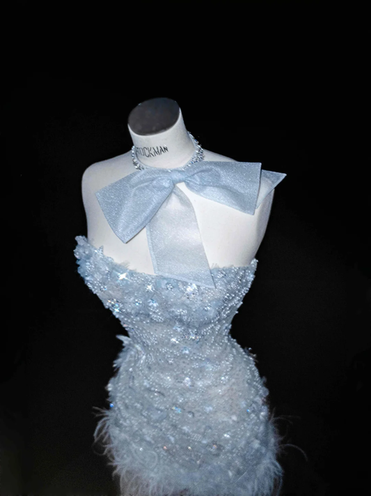 Light Blue Strapless Mermaid Beading Long Evening Dress Birthday Outfits, DP5089