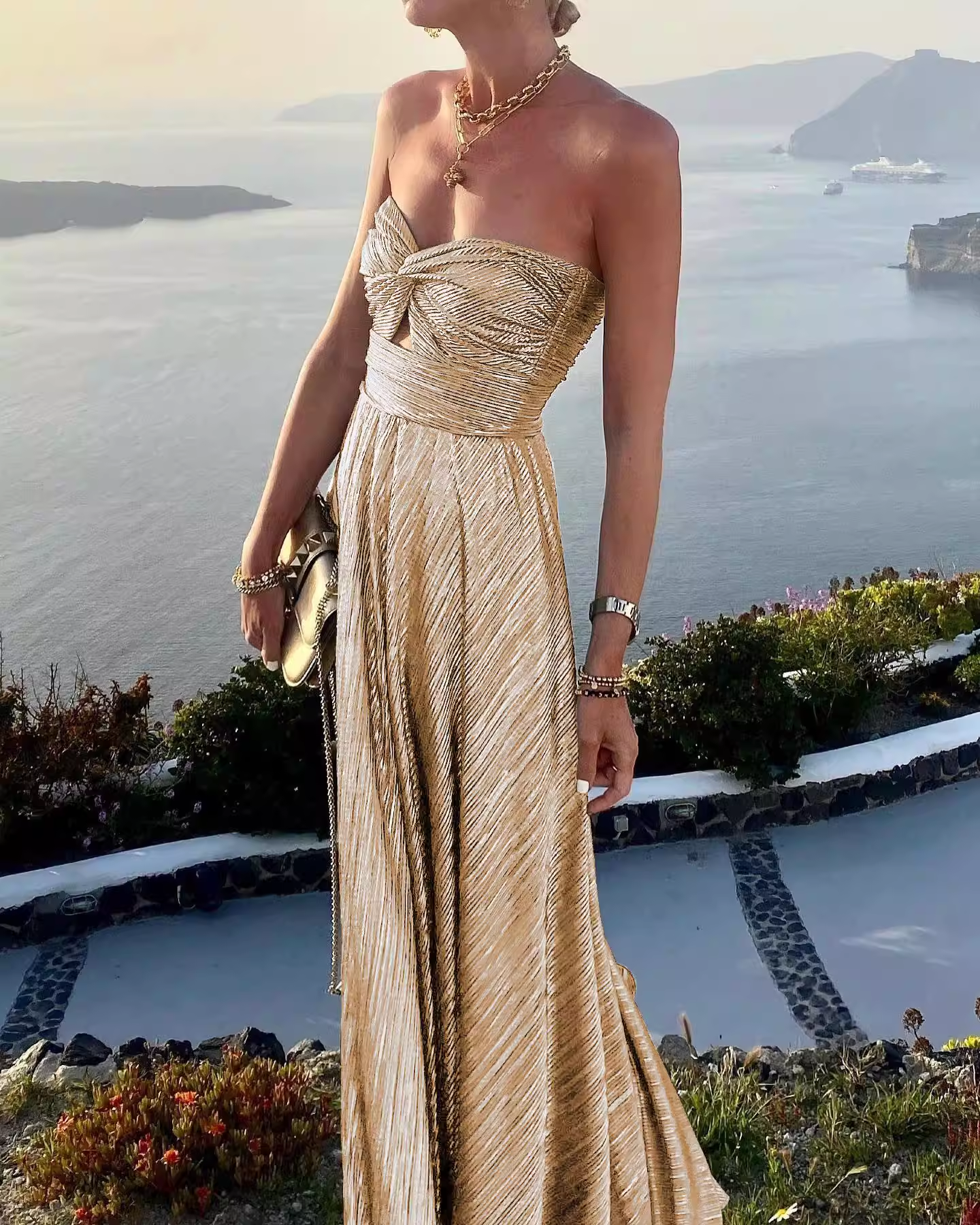 Glamorous Strapless Purple Metallic Pleated Sweetheart Maxi Evening Dress DP8101