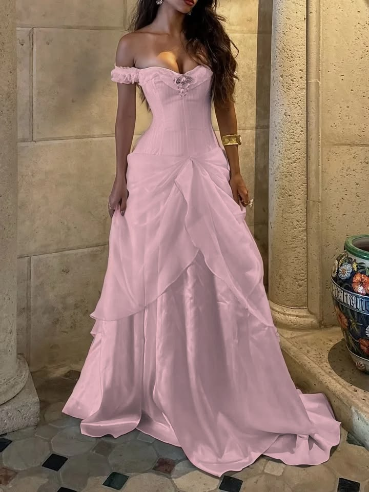 Elegant Pink Off-the-Shoulder Chiffon Layered Ruffle A-Line Formal Prom Dress DP8462