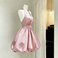 Vintage Pink Satin Halter Neck Mini A-Line Homecoming Dress DP8549