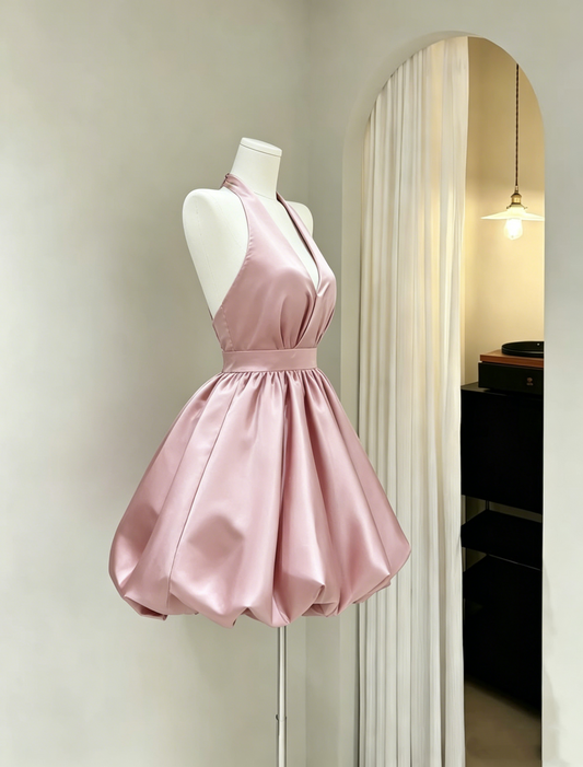 Vintage Pink Satin Halter Neck Mini A-Line Homecoming Dress DP8549