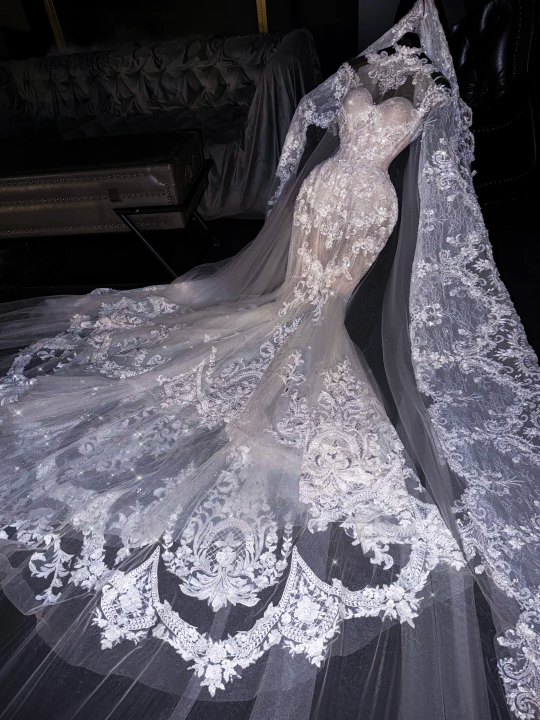 Glamorous Lace Mermaid Embroidery Sparkling Tulle Matching Veil Wedding Dress DP7311