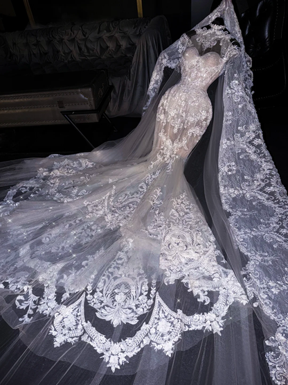 Glamorous Lace Mermaid Embroidery Sparkling Tulle Matching Veil Wedding Dress DP7311