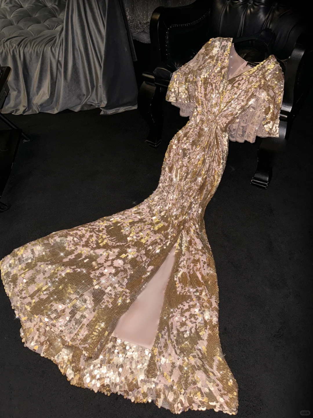 Glamorous Gold Sequin Mermaid Ruffled Sleeve Slit Evening Gown DP7335