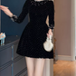 Vintage Black Velvet Pearl Beaded Long-Sleeve Fit-and-Flare Mini Homecoming Dress DP7702