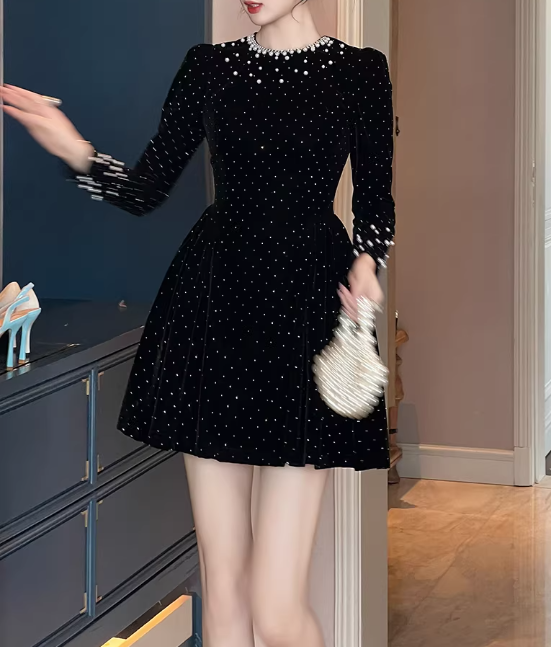 Vintage Black Velvet Pearl Beaded Long-Sleeve Fit-and-Flare Mini Homecoming Dress DP7702