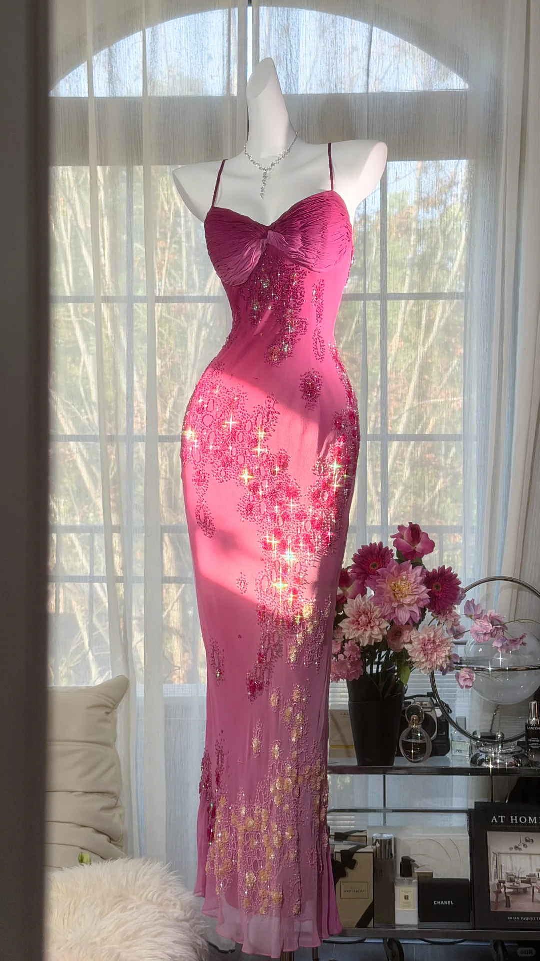 Glamorous Fuchsia Sequined Beaded Sweetheart Mermaid Prom Dress Spaghetti Strap Evening Dress DP8125