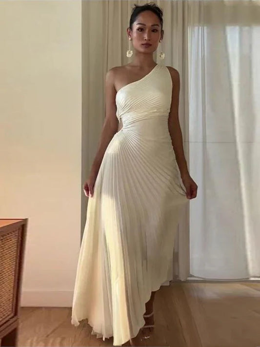 Elegant Cream One-Shoulder Pleated Asymmetric Hem Prom Dress DP8488