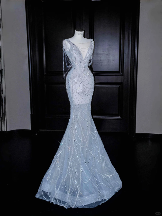 Light Blue Sleeveless Mermaid Beading Long Evening Dress Birthday Outfits, DP5090