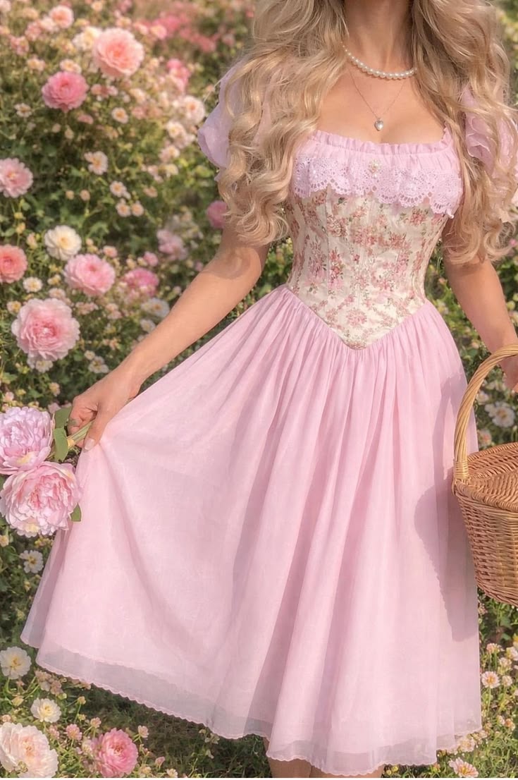 Vintage Pink Floral Square Neck Puffy Sleeve A-Line Homecoming Dress DP8543