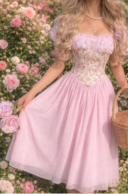 Vintage Pink Floral Square Neck Puffy Sleeve A-Line Homecoming Dress DP8543