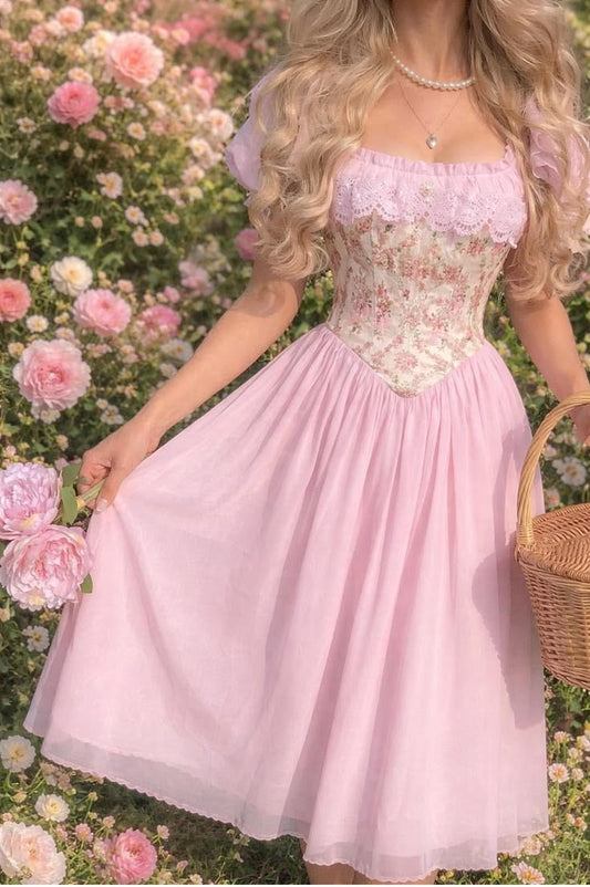 Vintage Pink Floral Square Neck Puffy Sleeve A-Line Homecoming Dress DP8543