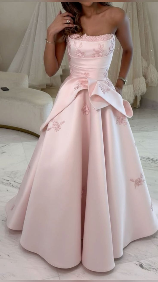 Elegant Pink Floral Embroidered Strapless Quinceanera Ball Gown DP8155
