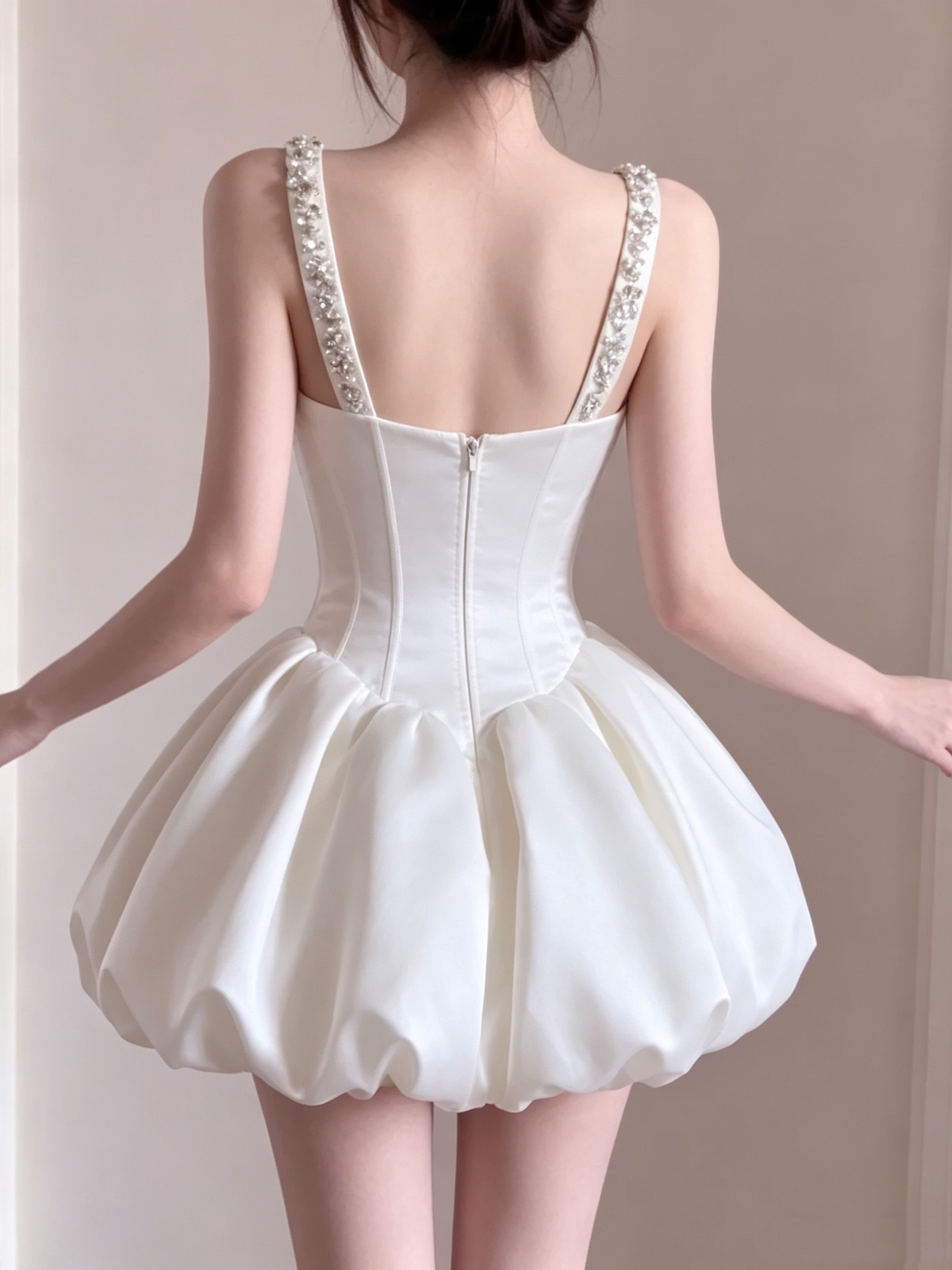 Elegant White Satin Corset Mini Rhinestone Square Neck A-Line Homecoming Dress DP8742