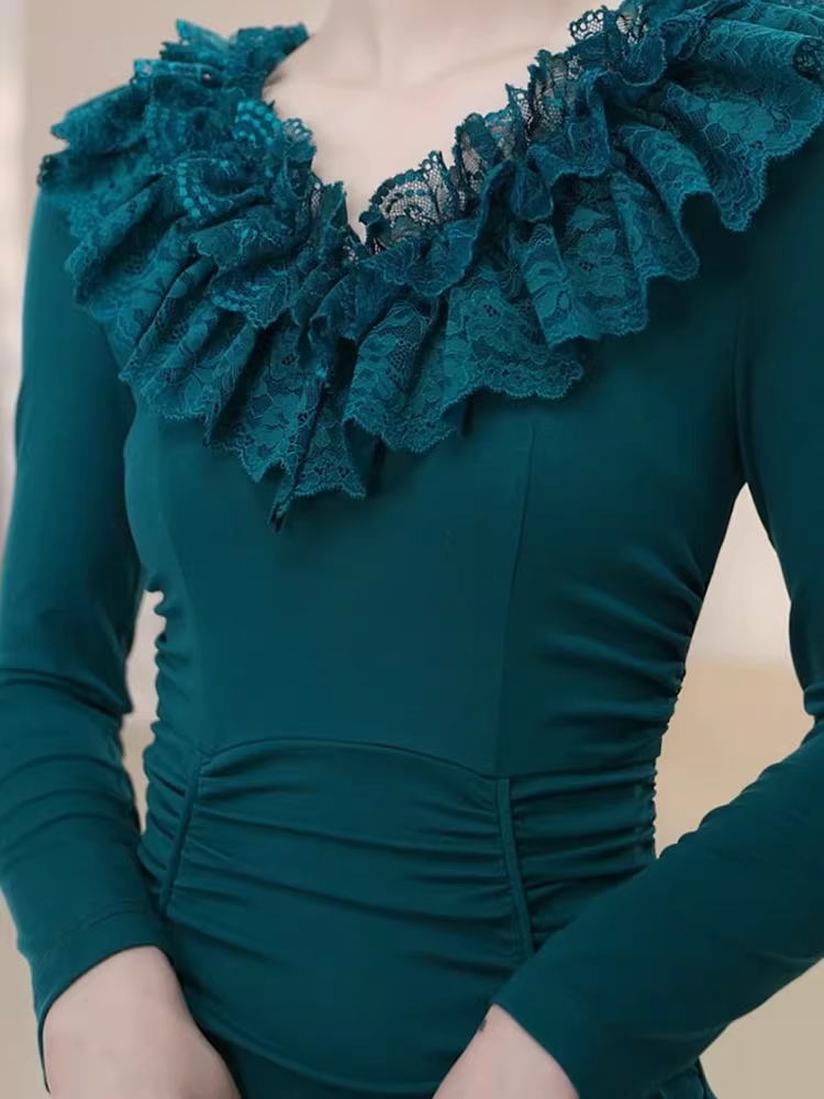 Elegant Teal Mermaid Evening Gown Ruffled Lace V-Neck Long Sleeves Prom Dress DP7731