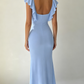 Elegant Light Blue Ruffle Cap Sleeve Cowl Neck Sheath Evening Gown DP8637