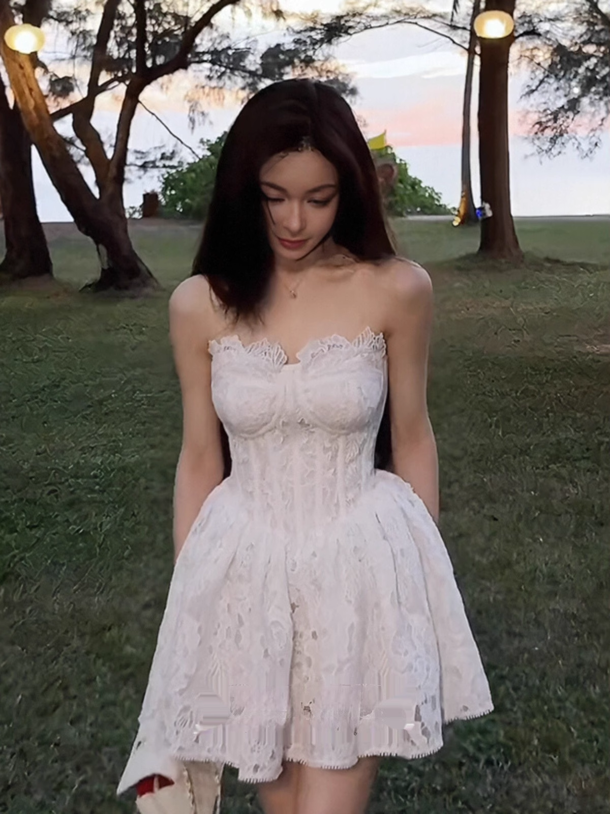 Vintage White Lace Strapless A-Line Homecoming Dress Party Dress Cocktail Dress DP6711