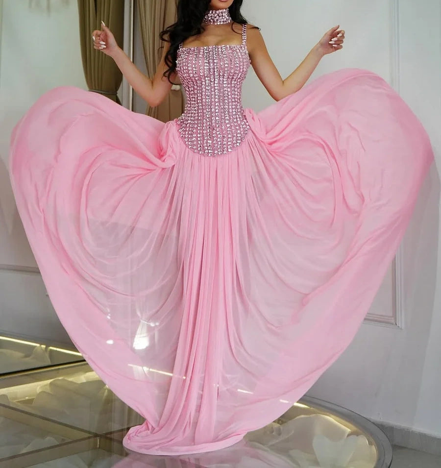 Elegant Pink Rhinestone Embellished Square Neck Corset Bodice Chiffon Formal Evening Gown DP8191