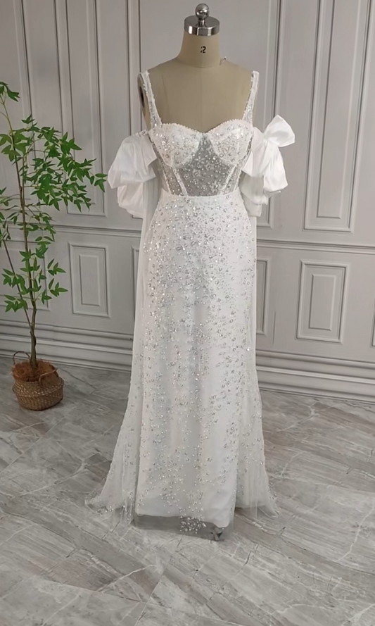 Wunderschönes weißes glitzerndes Pailletten-Perlen-Herzstück-A-Linie-langes Ballkleid Partykleid Abendkleid DP6496
