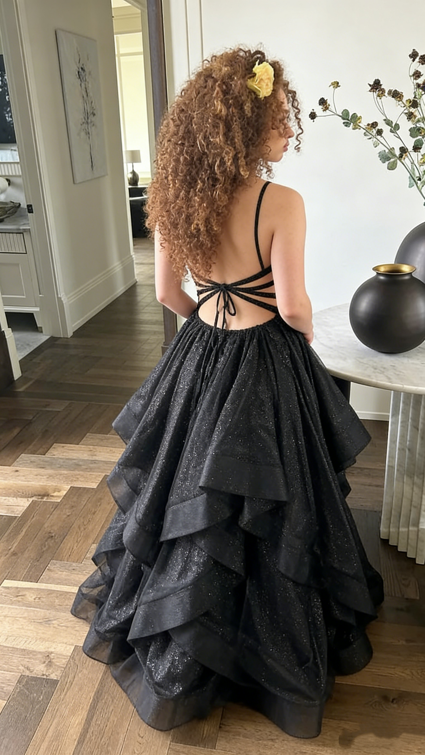 Vintage Black Glitter Tulle Sweetheart Spaghetti Strap Party Dress Birthday Ball Gown DP3832