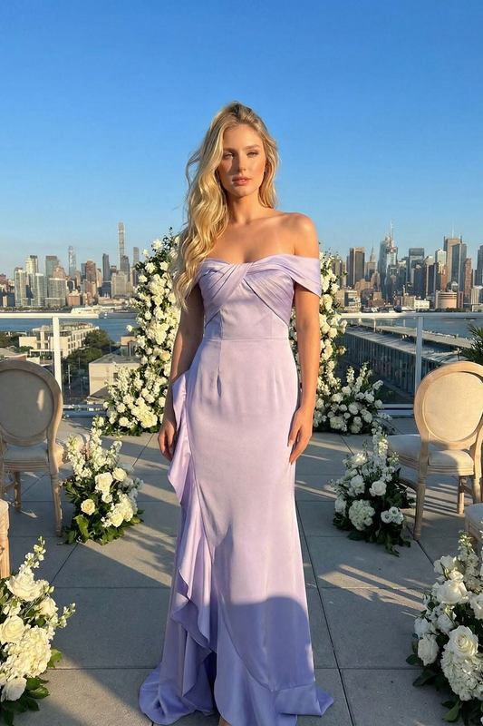 Elegant Lavender Off-the-Shoulder Satin Sheath Ruffle Slit Evening Gown Prom Dress DP8463